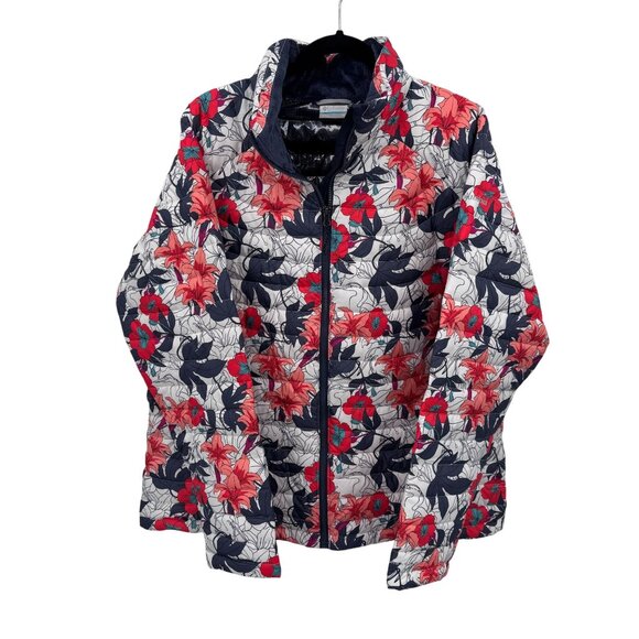 Columbia White Out II Omni Heat Jacket Womens 1X White Pink Blue Floral Pockets‎ - Picture 1 of 10